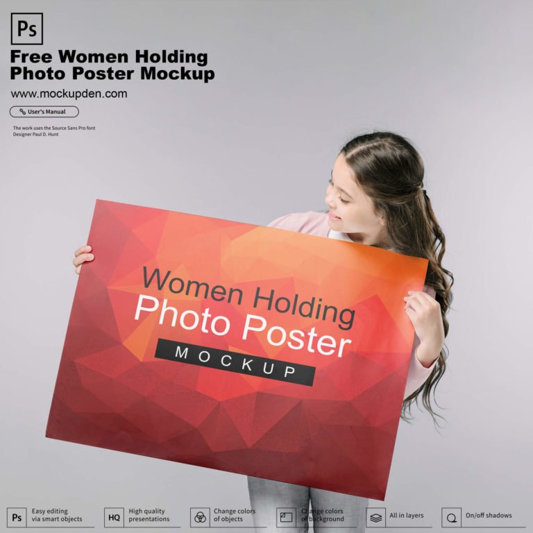 Woman Holding Photo Poster Mockup Free PSD Template