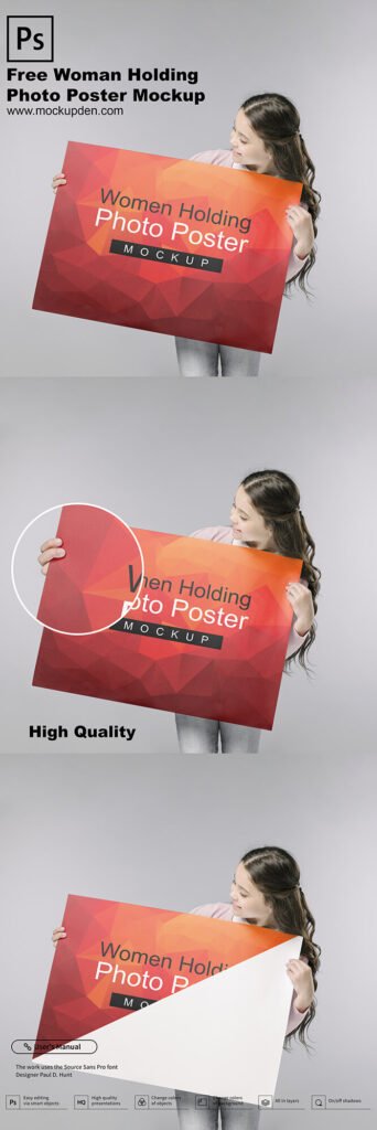 Woman Holding Photo Poster Mockup Free PSD Template