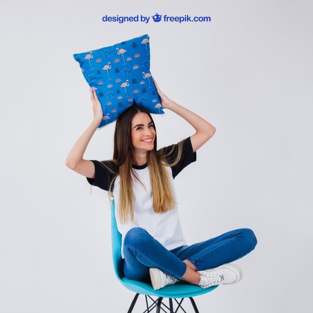 Women Holding Pillow Mockup PSD