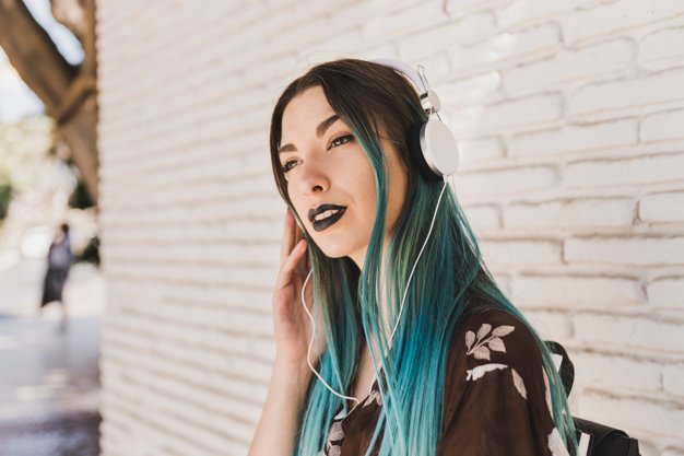 Young Women Listening Music With Dyed Hair Mockup. 