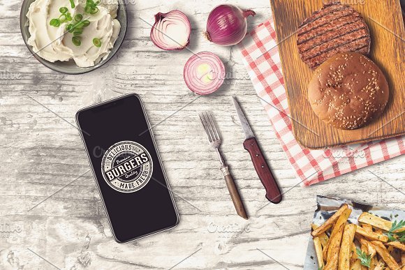 iPhone and a simple burger PSD Mockup