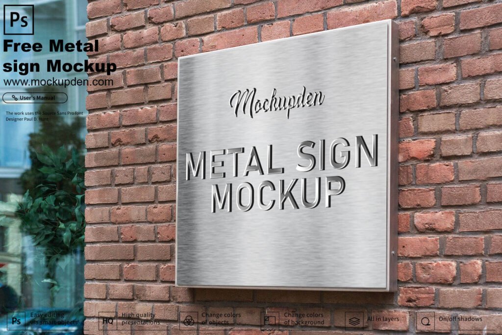 Download Free Metal Sign On Wall Mockup PSD Template - Mockup Den