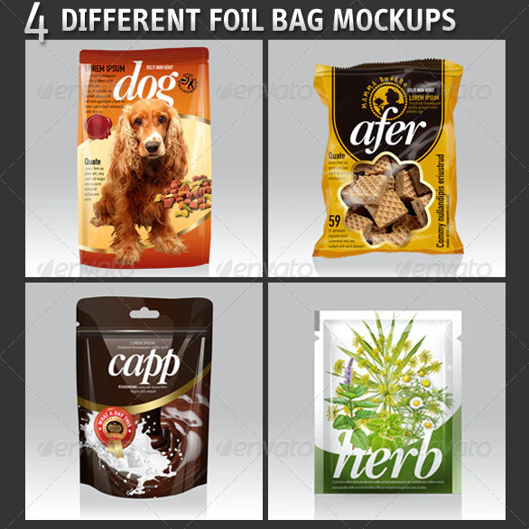 4 Different Foil Bags Packaging Mockups