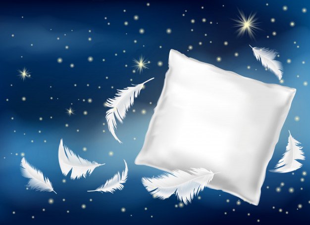 3D realistic illustration with white pillow and feather Mockup: