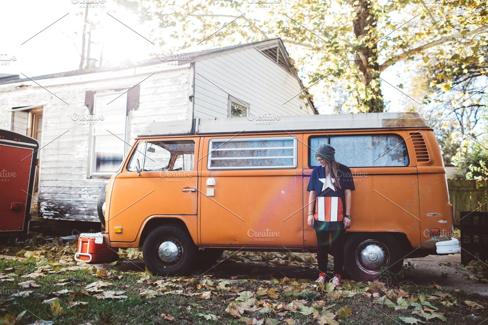 A Girl Standing Near The Van Mockup.