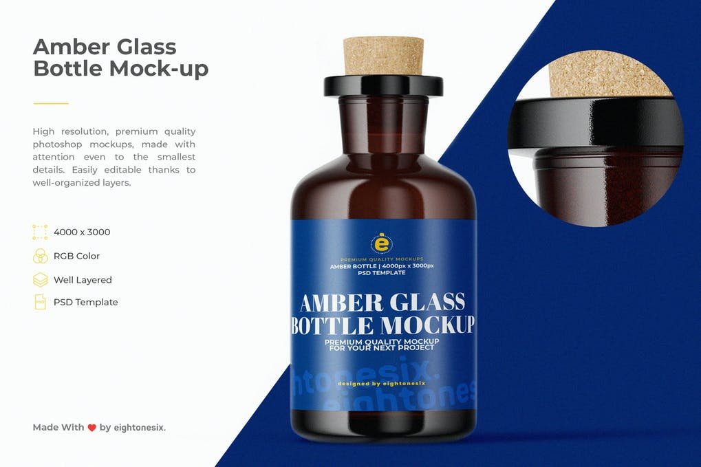 Amber Glass Bottle with Cork Mock-Up