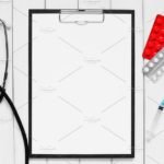 Clipboard and Medical Tools Mockup with Capsules PSD Design template