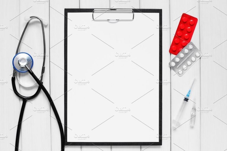 Clipboard and Medical Tools Mockup with Capsules PSD Design template