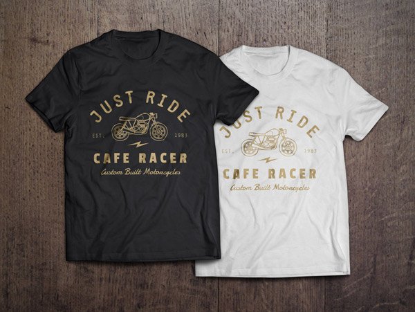 Black and White T-Shirt on Wooden Table PSD Mockup