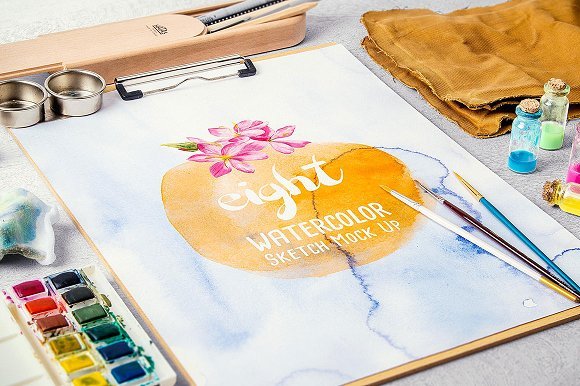 Clipboard and Watercolor Painting Mockup PSD