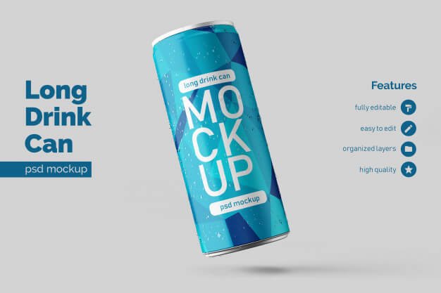 Editable realistic floating left long metal drink can mockup design template Premium Psd