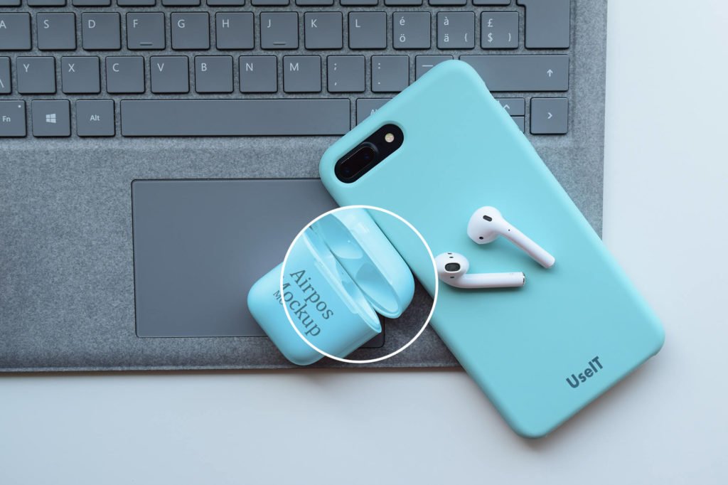 Closeup Free Blue Color Airpod Mockup PSD Template