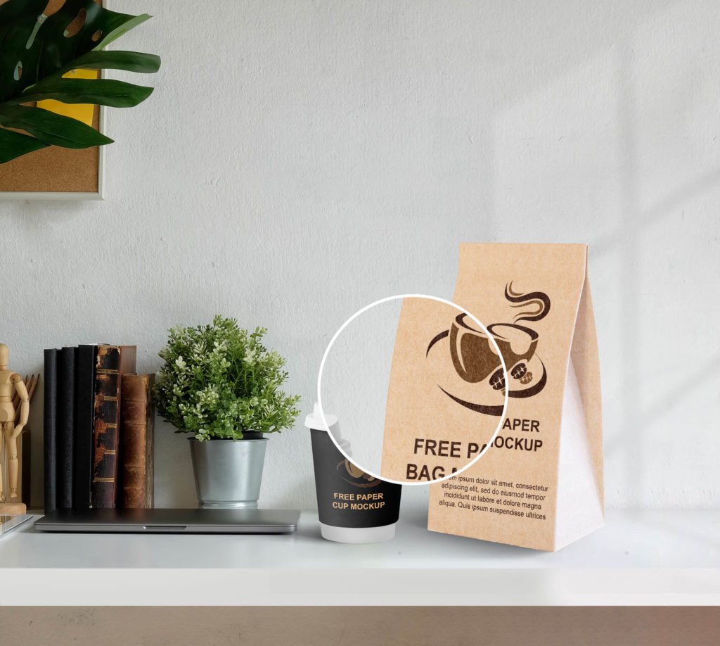 Close up of a Free Coffee Bag & Paper Cup Mockup PSD Template