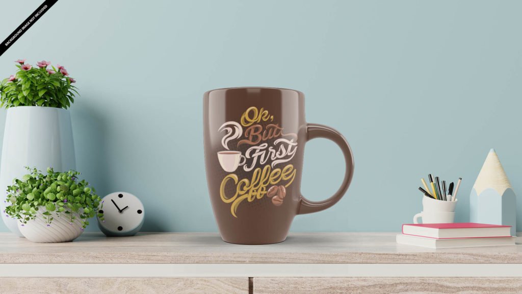 Free Brown Coffee Mug On a Table Mockup PSD Templat