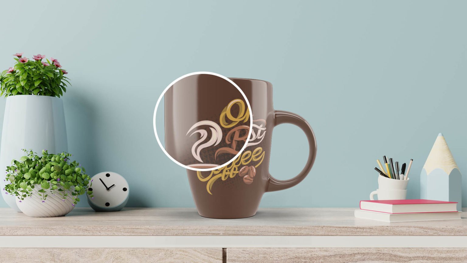 Download Free Brown Coffee Mug On a Table Mockup PSD Templat