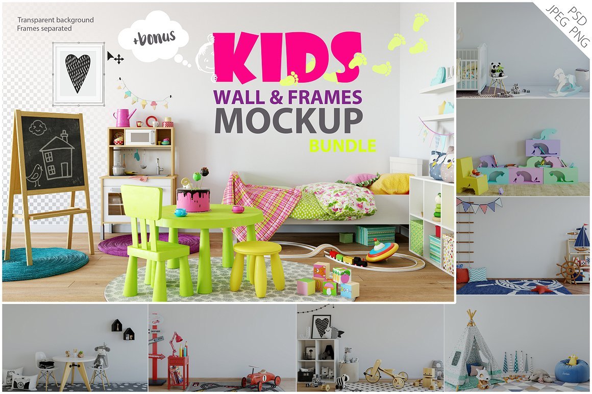 Kids Wall and Frames Mockup PSD
