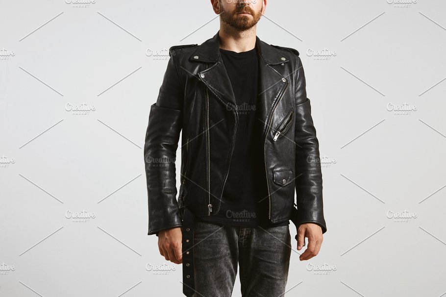 Man Black Leather Motorbike Jacket Mockup PSD