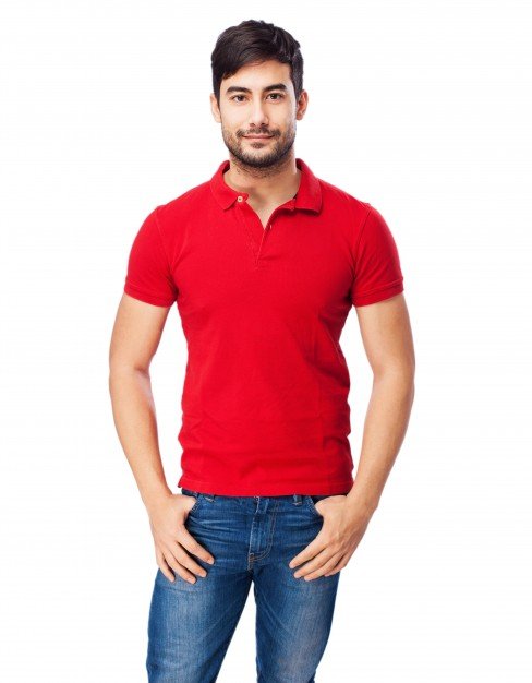 Man wearing a Red PSD Polo T-shirt: