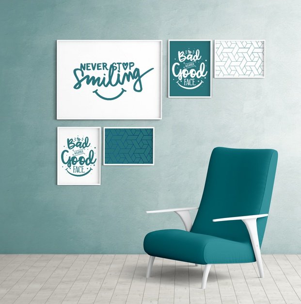 Mockup wall frames with bedroom chair Free Psd