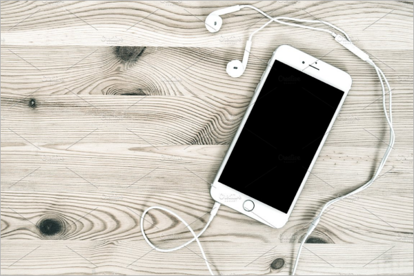 Phone and Headphone on Wooden Table Mockup