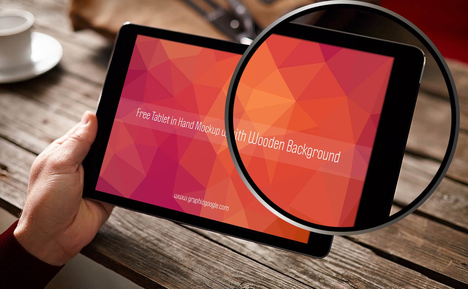Tablet in Hand Mockup with Wooden Background Mockup PSD:
