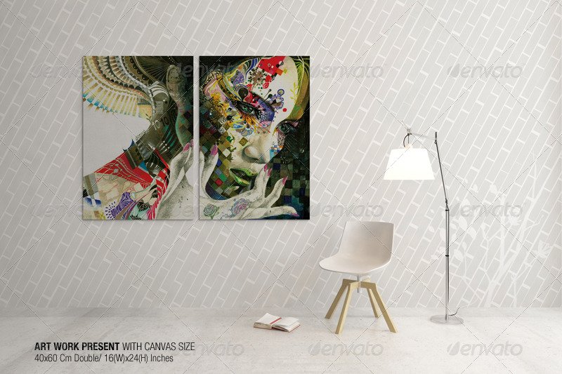 Two canvas portraying one picture hung on a wall Design template