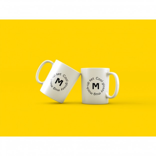 Two mugs with yellow background Design template in customizable PSD format: