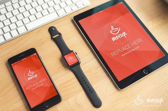 iPhone, Watch, iPad placed on a Desk Mockup: