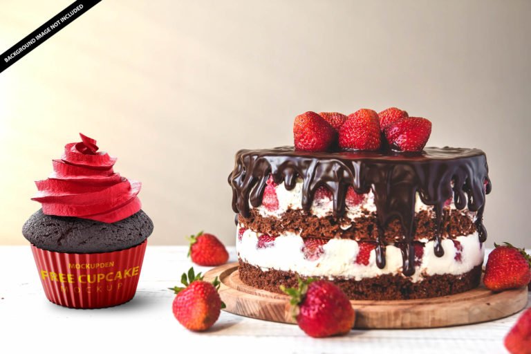 Free Strawberry Cupcake Mockup PSD Template