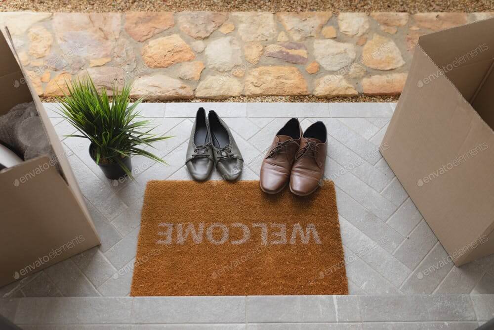 Low section of footwear, cardboard boxes and plant near welcome doormat at home