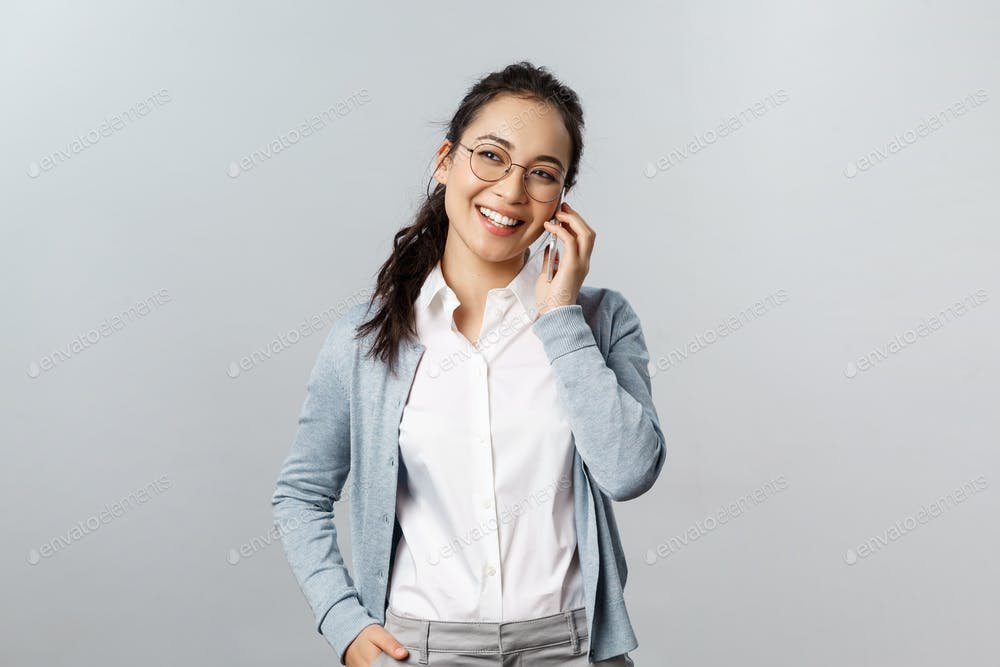 Office lifestyle, business and people concept. Friendly asian female in glasses, white collar shirt