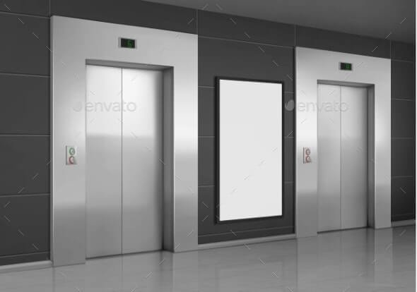 Realistic Elevators with Close Door and Ad Poster