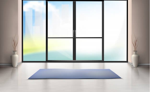 Realistic mockup of empty room with large glass door, blue carpet on clean floor Free Vector
