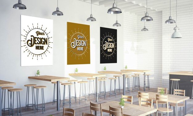 Various posters on restaurant wall mockup Premium Psd (1)