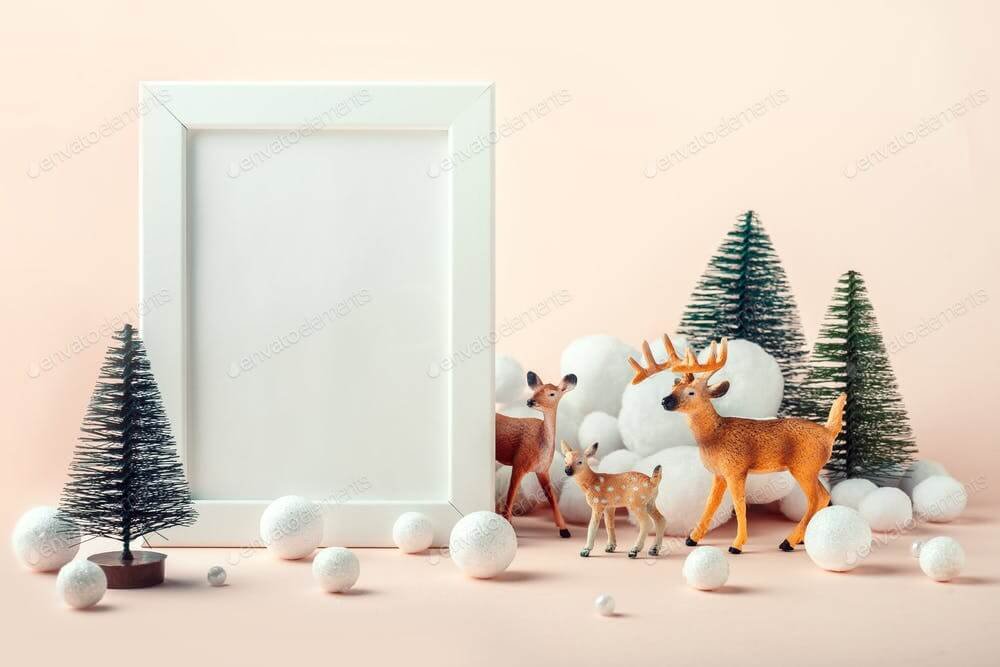 Christmas mockup frame with a decor of deer, fir trees and decorative snow (1)