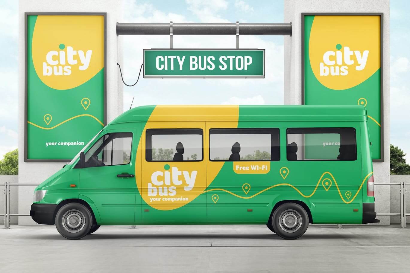 City Bus On Bus Stop Branding Mockup