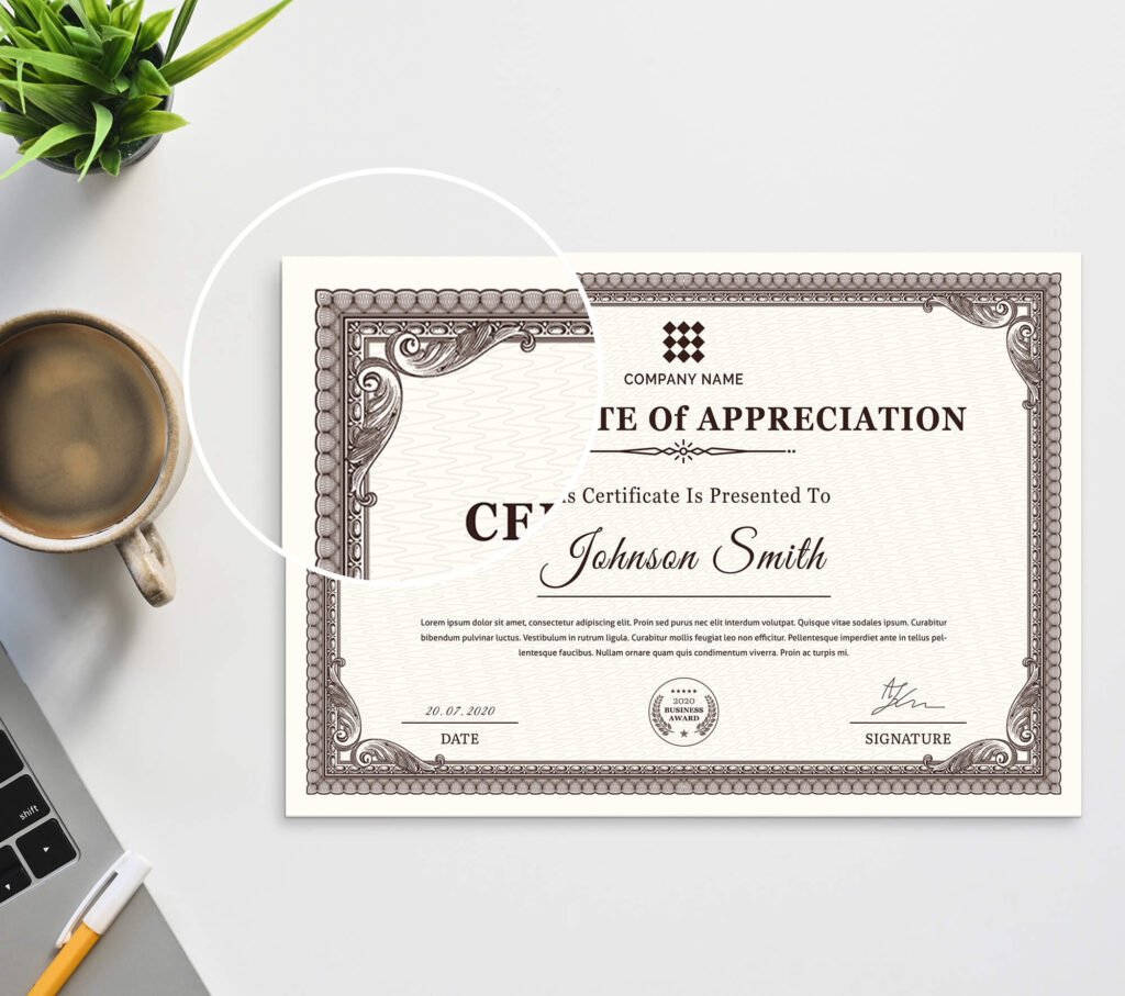 Close Up of a Free Certificate Mockup PSD Template