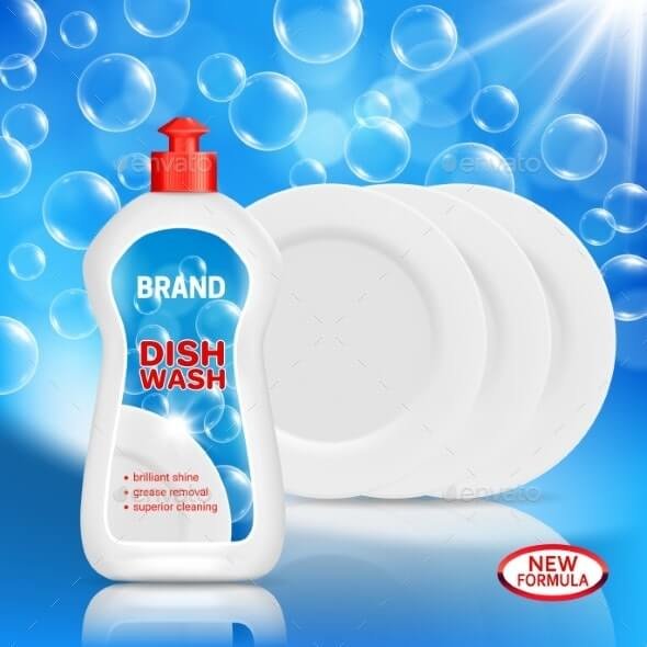 Dish Wash Liquid Soap with Clean Dishes Mockup (1)