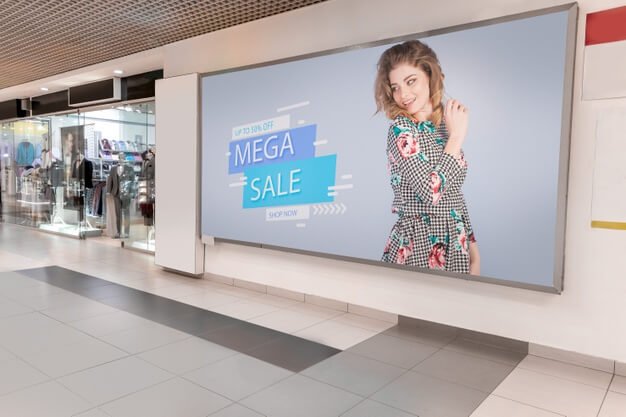 Mall advertising mock-up with woman Premium Psd