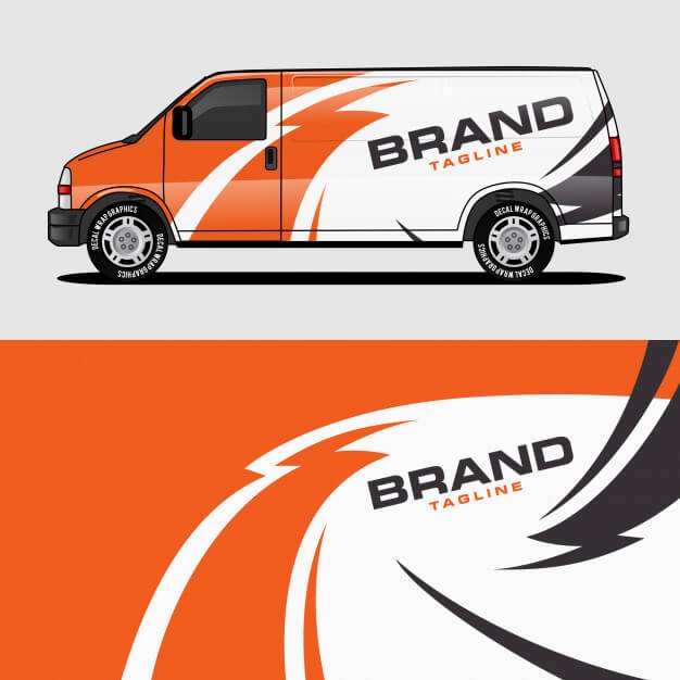 Orange van wrap design wrapping sticker and decal design Premium Vector