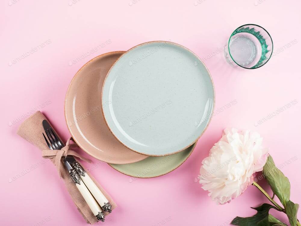Pastel color dishes on pink (1)