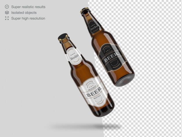 Two realistic floating beer bottles mockup template Premium Psd (1)