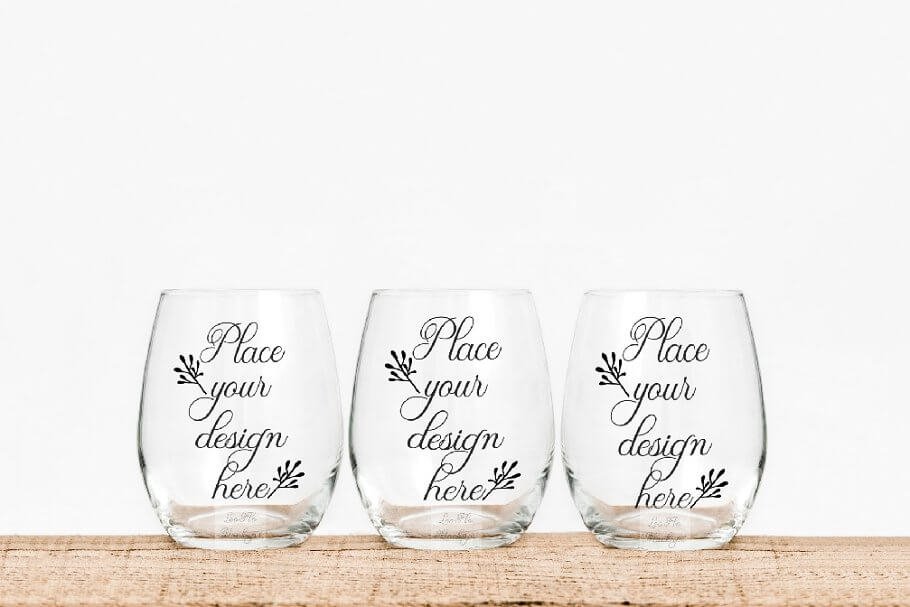 3 Stemless three wine glass mockups