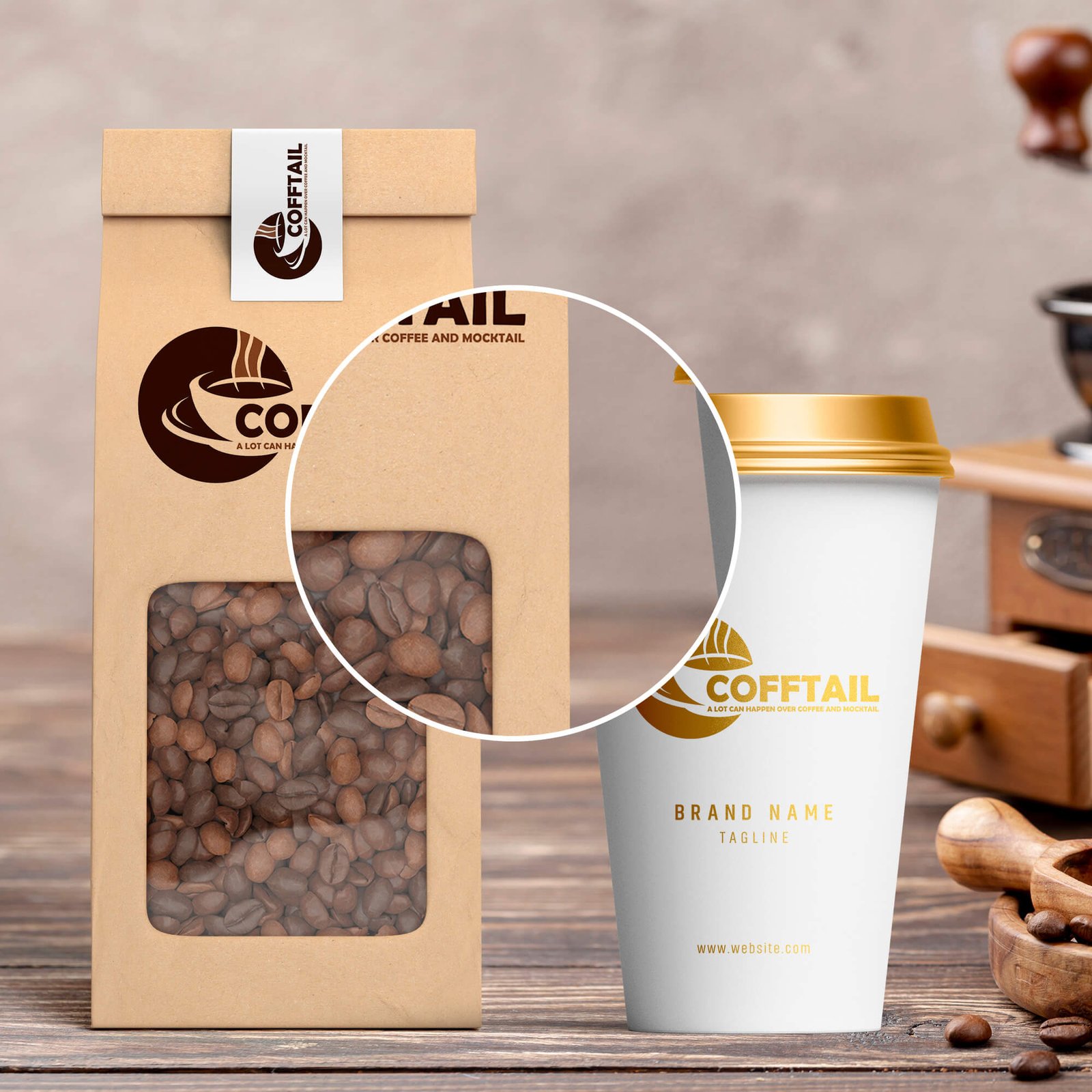 Close Up Of a Free Coffee Branding Mockup PSD Template