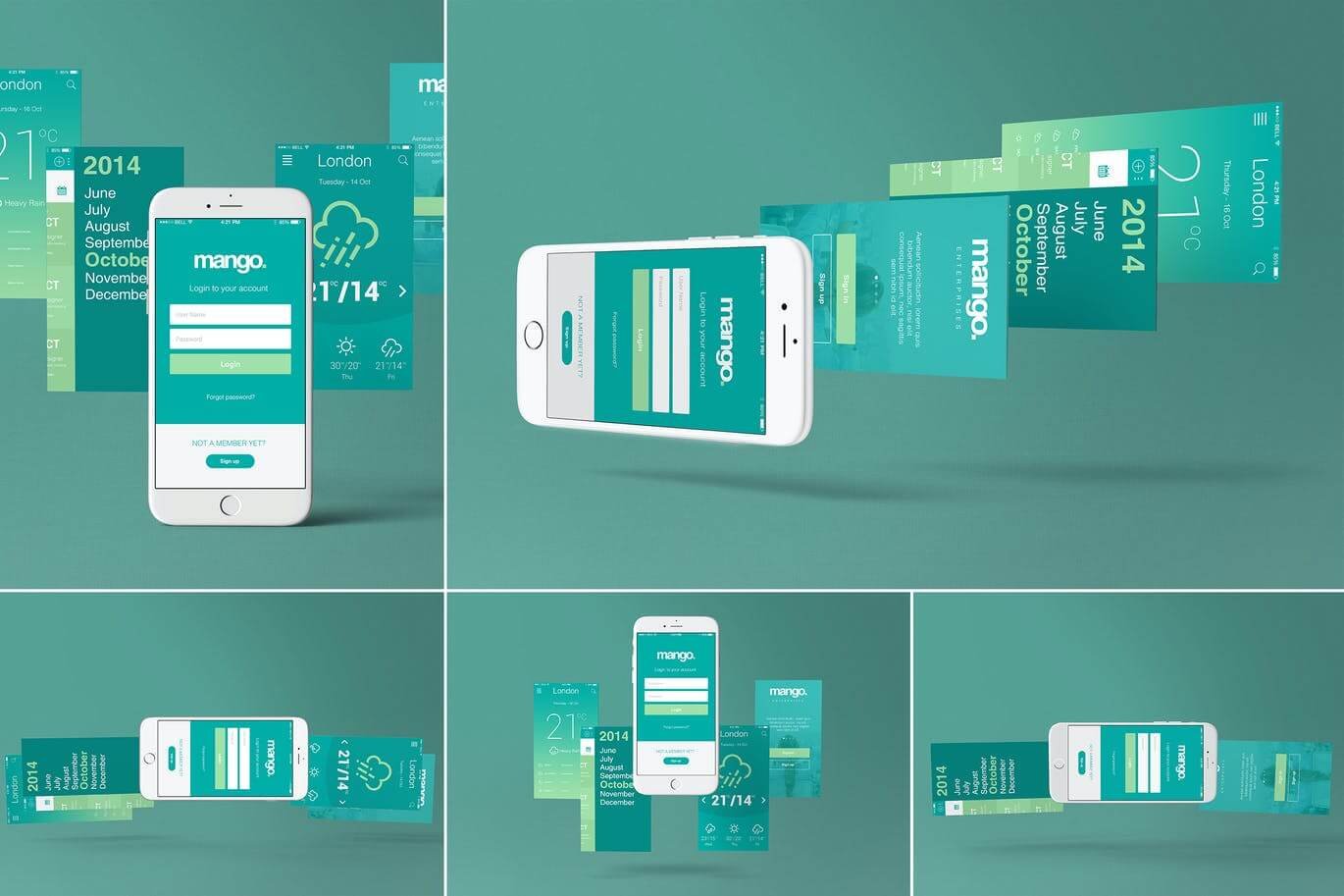 Five iPhone 6 Perspective App Screen Mockups