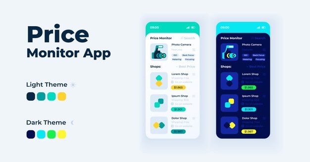 Price monitor app cartoon smartphone interface templates set. mobile app screen page day and night modes . price comparison ui for application. phone display with illustrations Premium Vector
