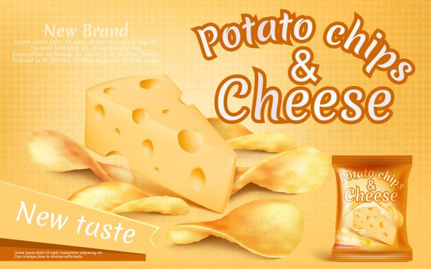 Promotion banner with realistic potato chips and piece of cheese Free Vector