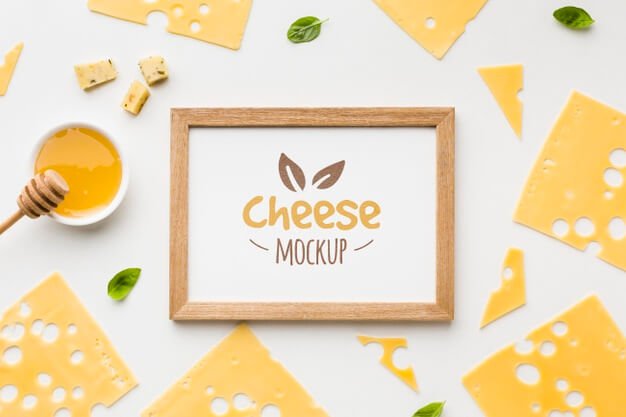 Top view of locally grown cheese with frame mock-up Free Psd