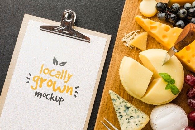 Top view of notepad with assortment of locally grown cheese mock-up Free Psd