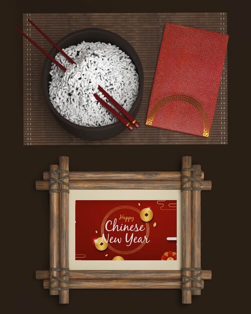 Tray with rice and decorations for new year Free Psd